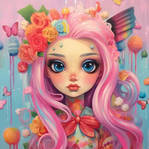 Diamond painting of a colorful candy fairy.