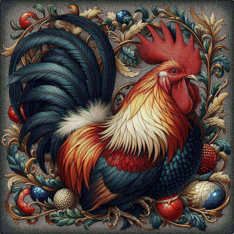 Image of Diamond painting of a colorful rooster. 