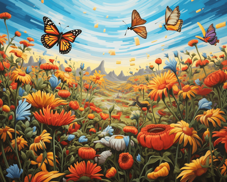 Diamond Painting of a Vibrant Flower Field with Flying Butterflies