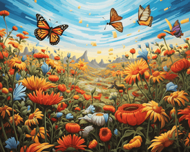 Diamond Painting of a Vibrant Flower Field with Flying Butterflies