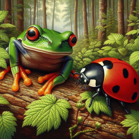 Image of Vibrant Green Frog and Red Ladybug Diamond Painting