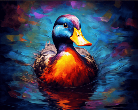 Image of Vibrant diamond painting of a male mallard duck swimming in a pond, showcasing its colorful plumage.