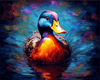 Vibrant diamond painting of a male mallard duck swimming in a pond, showcasing its colorful plumage.