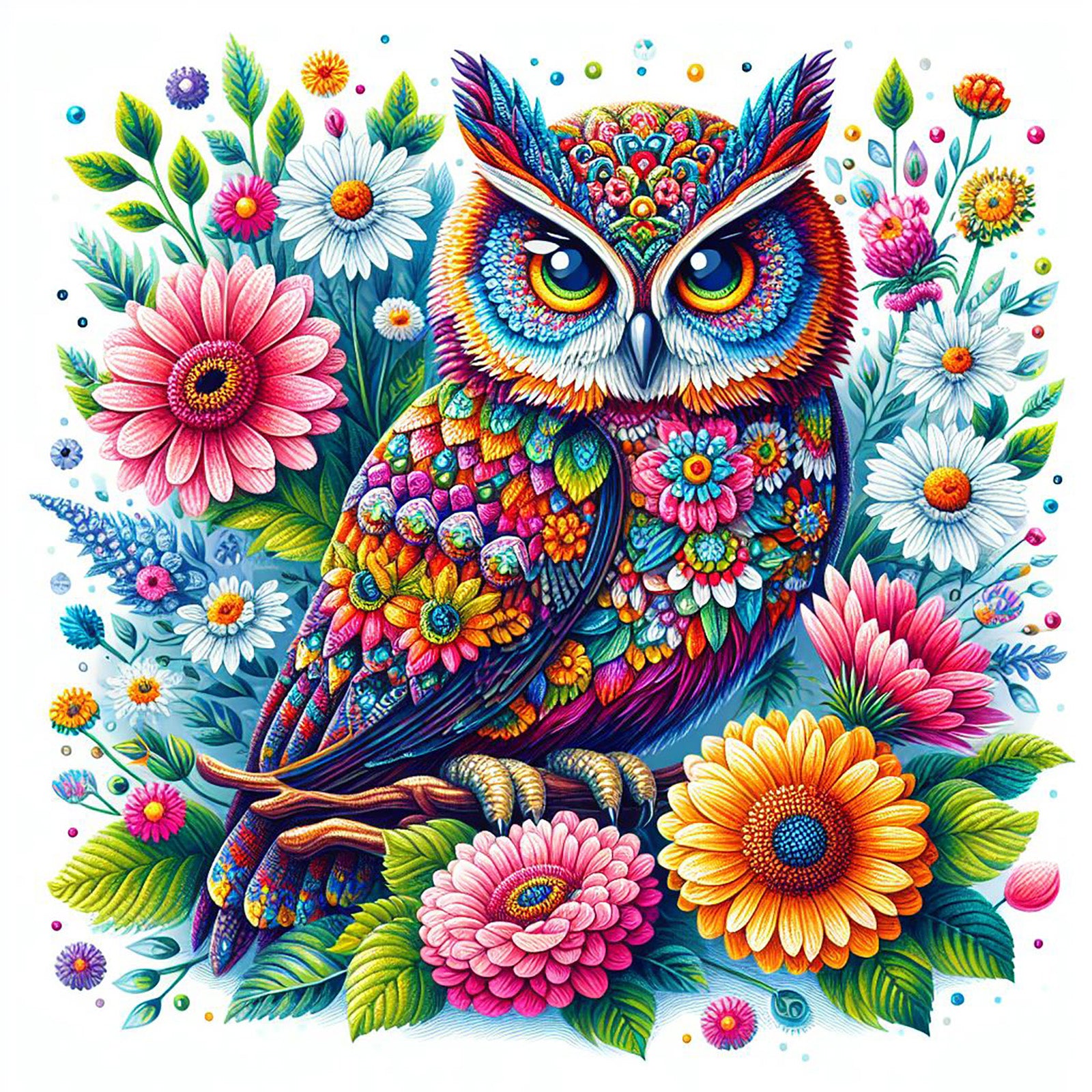 Colorful Owl Diamond Painting Kit Surrounded by Floral Patterns