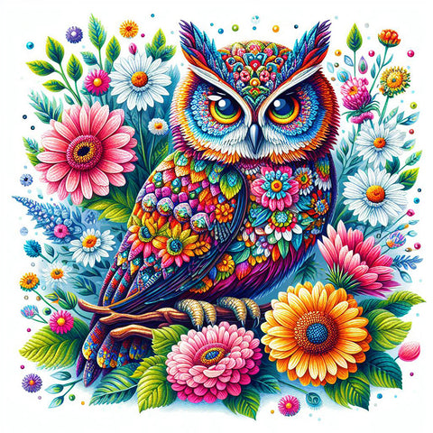 Image of Colorful Owl Diamond Painting Kit Surrounded by Floral Patterns