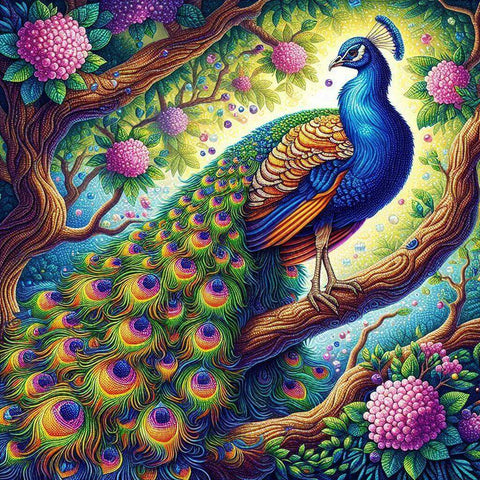 Image of Vibrant Peacock in Blossom Tree Diamond Painting