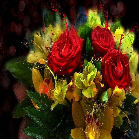 Image of Diamond painting of a vibrant bouquet of colorful roses overflowing from a vase.