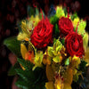 Diamond painting of a vibrant bouquet of colorful roses overflowing from a vase.