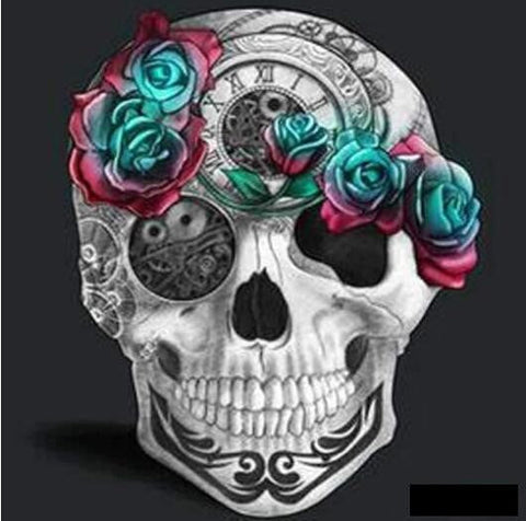 Image of Diamond Painting of a Skull with Turquoise Roses Clock