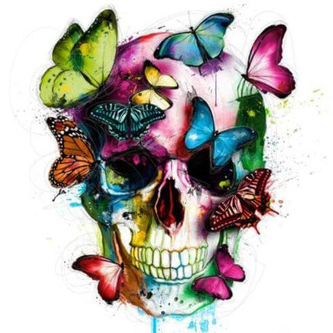 Image of Vibrant Skull with Butterflies Diamond Art