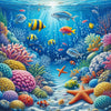 Diamond painting of a colorful underwater scene with fish, coral, and a starfish.