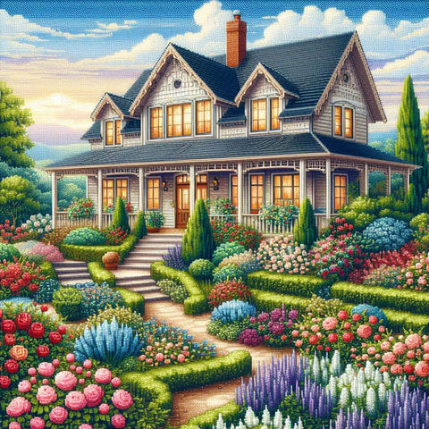 Image of Victorian country house diamond painting garden flowers