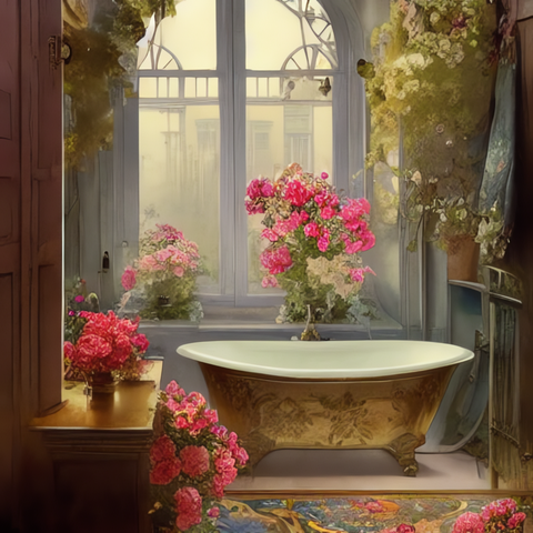 Image of Diamond painting of a vintage bathtub surrounded by flowers in a Victorian-style room.