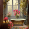 Diamond painting of a vintage bathtub surrounded by flowers in a Victorian-style room.