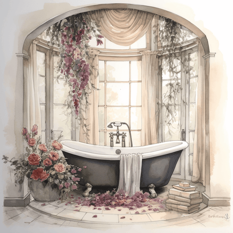 Image of Diamond Painting of a Vintage Clawfoot Tub with Flowers and Books