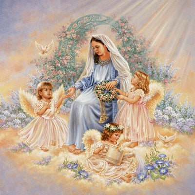 Image of Diamond Painting of the Virgin Mary with Three Angels and Flowers