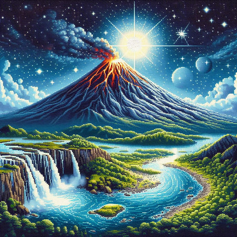 Image of Diamond painting depicting a breathtaking scene of a volcano erupting over a waterfall, showcasing the power of nature.