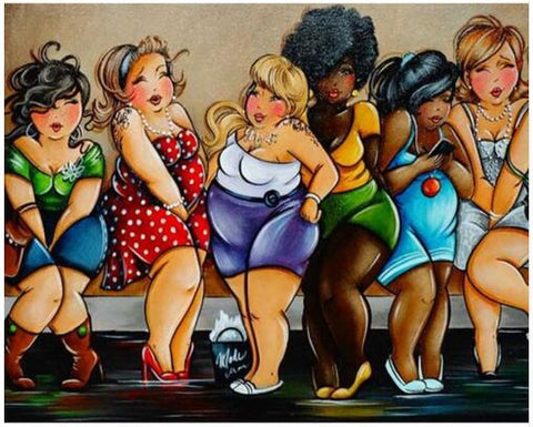 Image of A diamond painting of voluptuous women having fun, symbolizing friendship.