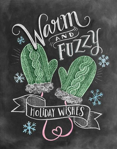 Image of Diamond painting of a chalkboard with mittens and the phrase "Warm and Fuzzy Holiday Wishes."