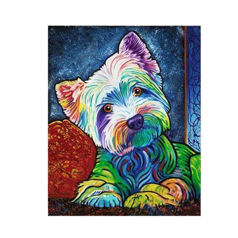 Image of Diamond painting of a Westie dog in pop art style with a blue background