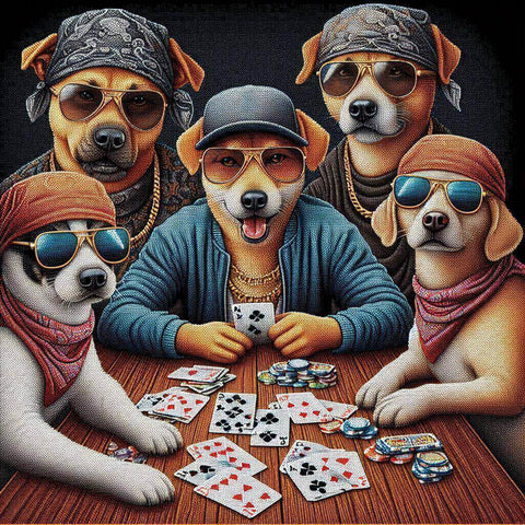 Image of Whimsical diamond painting of dogs enjoying a game of cards