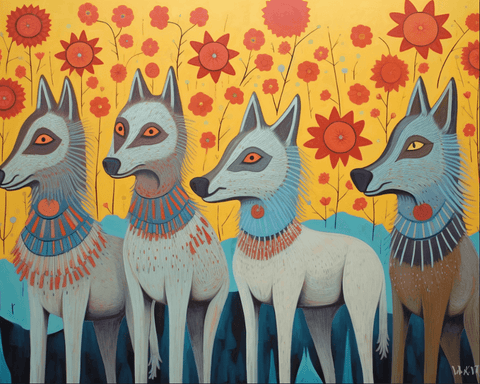 Image of Diamond painting of whimsical wolves frolicking in a field of colorful flowers.