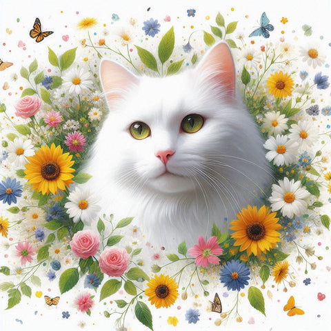 Image of Diamond painting of a fluffy white cat surrounded by colorful flowers and butterflies.