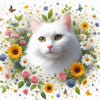 Diamond painting of a fluffy white cat surrounded by colorful flowers and butterflies.