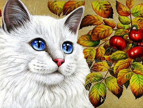 Image of Diamond painting of a white cat with blue eyes, surrounded by autumn leaves and berries.