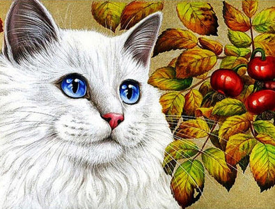 Diamond painting of a white cat with blue eyes, surrounded by autumn leaves and berries.