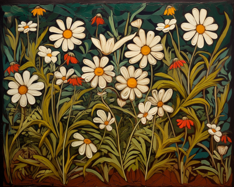 Image of Diamond Painting of a Field of White Daisies with Red Accents