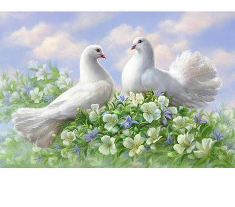 Image of Diamond Painting of Two White Doves Perched on a Flowery Bush