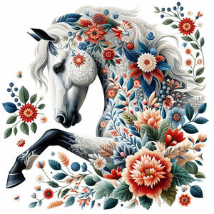 Diamond painting of a majestic white horse adorned with colorful flowers. 