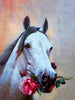 Diamond painting of a white horse holding a rose in its mouth. 