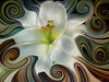 Diamond painting of a white lily flower in a mosaic style with swirling background.