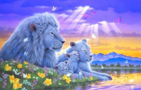 Image of Diamond Painting of a White Lion Family with Cubs and Butterflies