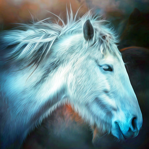 Image of Diamond painting of a white mustang horse glowing in the dark.