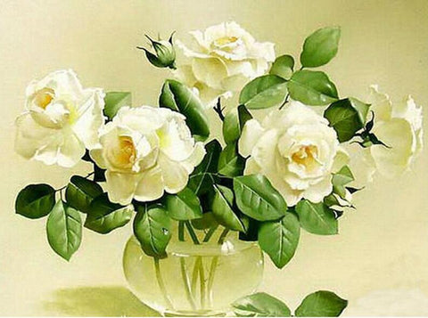 Image of Diamond painting of white roses in a clear glass vase