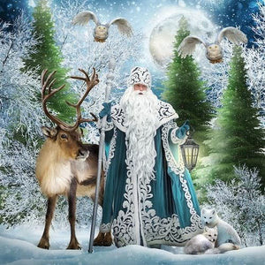 Diamond painting of a white Santa Claus standing next to a reindeer.