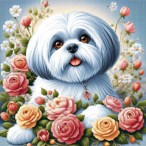 Image of Diamond painting of a white Shih Tzu dog surrounded by colorful roses and daisies.