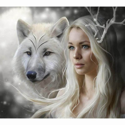 Image of Diamond painting of a white wolf standing beside a young girl, creating a scene of friendship and trust.