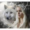 Diamond painting of a white wolf standing beside a young girl, creating a scene of friendship and trust.