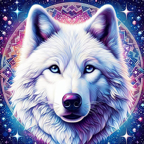 Image of Diamond painting of a stunning white wolf .