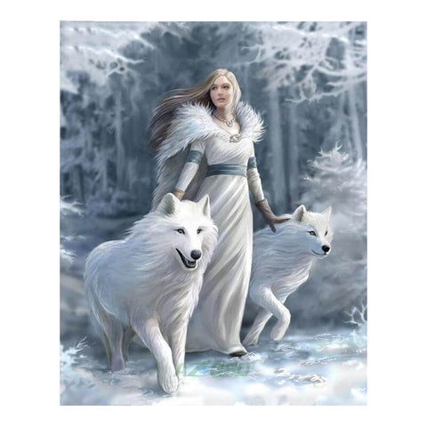 Image of Diamond painting featuring two white wolves playing with a princess in a snowy winter wonderland.