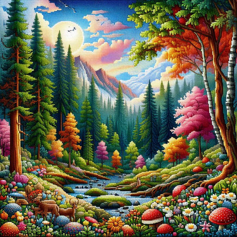 Image of Diamond painting of a wild forest with flowers, and mushrooms.