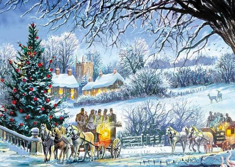 Image of Diamond painting of a horse-drawn carriage passing a Christmas tree in a winter village.