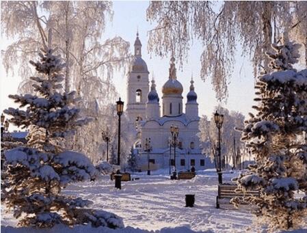 Image of Diamond painting of a winter village scene with a church