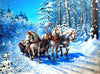 Diamond painting of three white horses pulling a sleigh across a snowy landscape. 