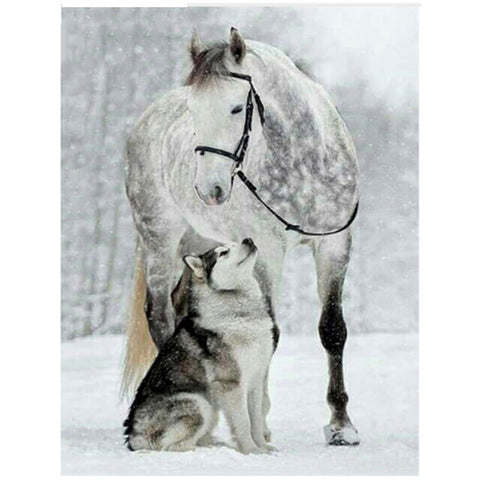 Image of DIY diamond art featuring a horse and a wolf in a winter wonderland.