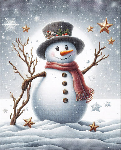 Image of A cheerful snowman wearing a top hat and scarf, surrounded by snowflakes and pine trees in a winter wonderland scene.
